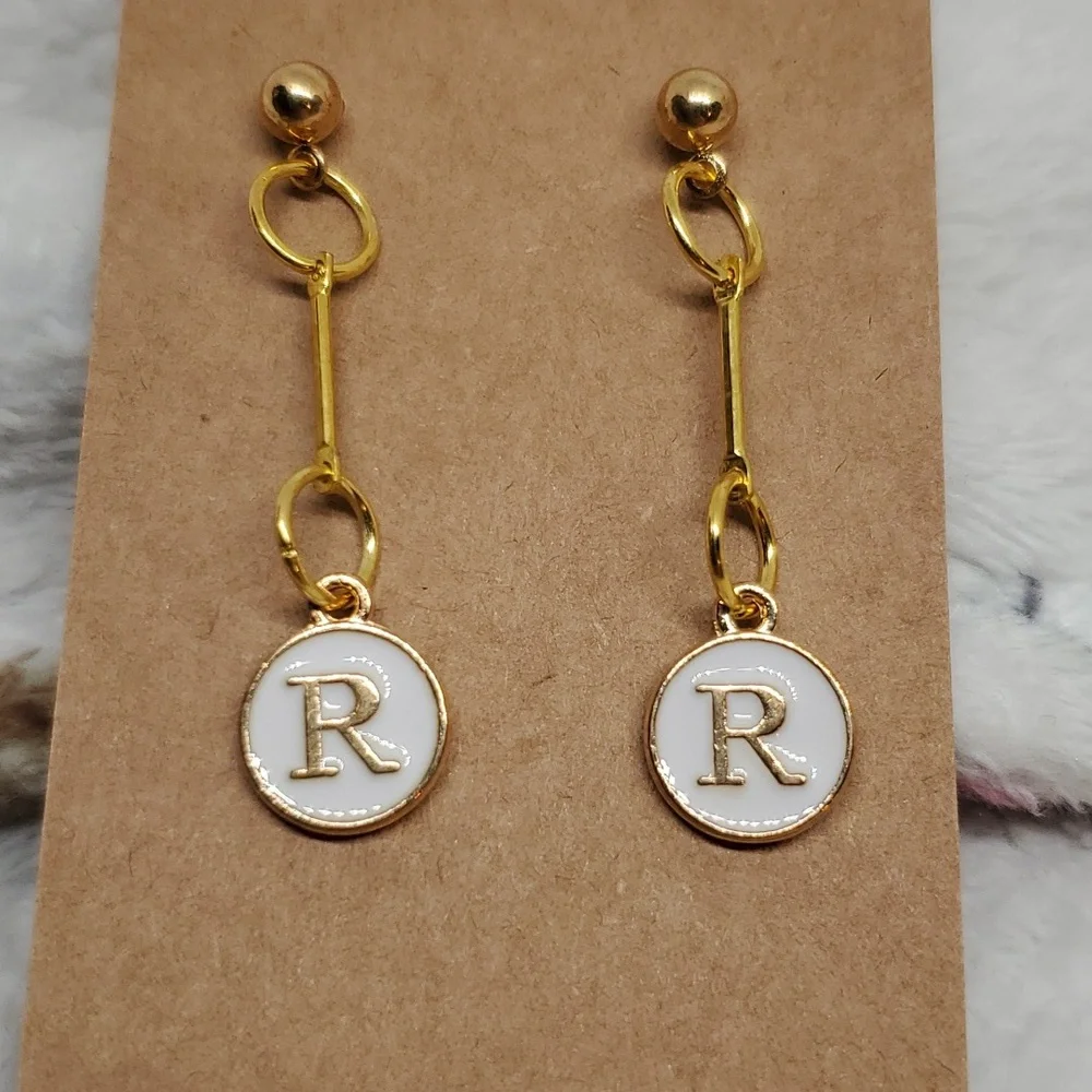 7/$10 R Initial Earrings, New - Picture 2 of 2